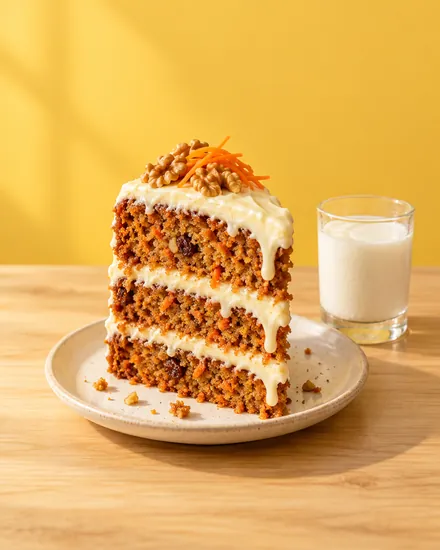 Una rebanada de pastel de zanahoria con glaseado de queso crema