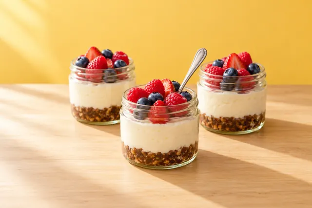 Vasitos de cheesecake sin horno con frutos rojos