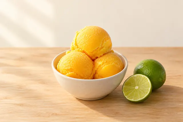 Sorbete de mango y limón verde, liso y fácil de servir
