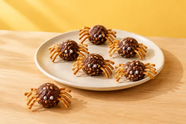 Bocados de dátil y cacao con patas de pretzel, hechos como arañitas