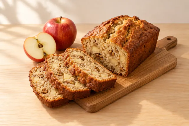 Pan de manzana y canela rebanado sobre una tabla